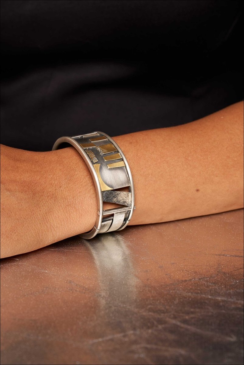 Wide Hinged Bangle Bracelet in 22KY/Sterling Silver Bi-Metal and