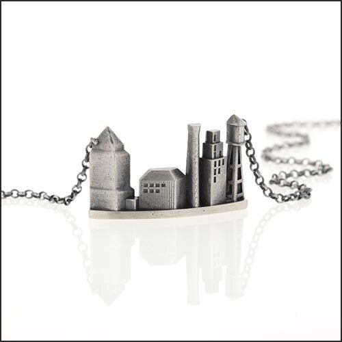 All Silver Durham Skyline Affixed Pendant 18" Chain - JewelsmithNecklaces