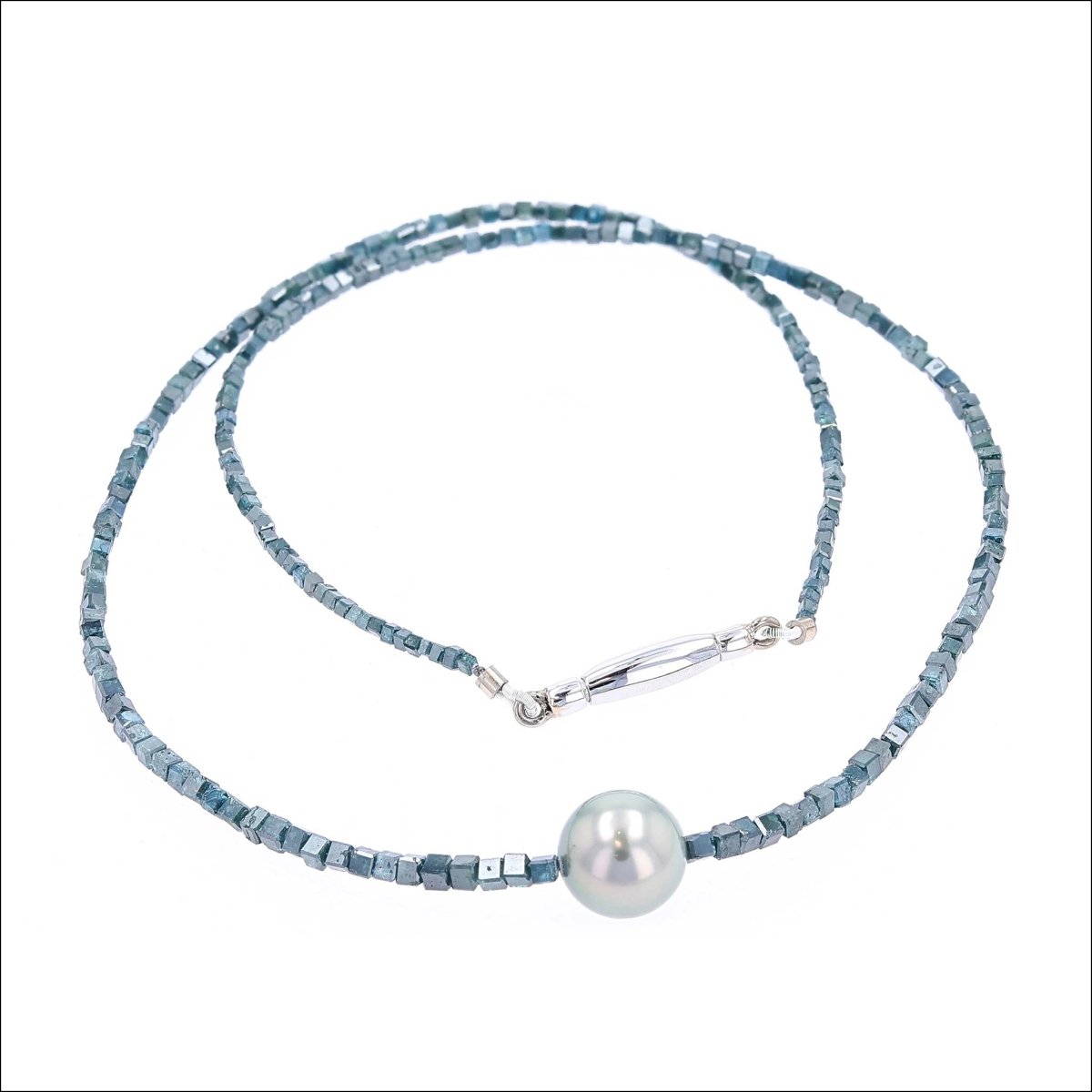 Blue Diamond Bead Strand with Tahitian Pearl 16" 14KW - JewelsmithNecklaces