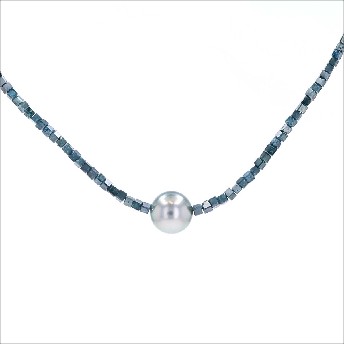 Blue Diamond Bead Strand with Tahitian Pearl 16" 14KW - JewelsmithNecklaces