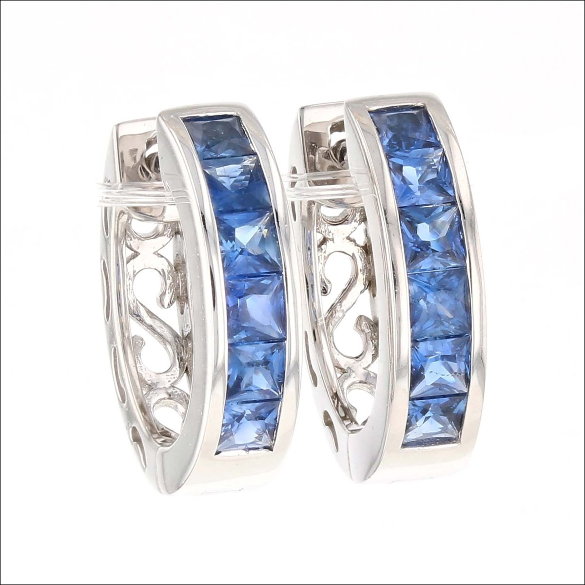 Blue Sapphire Princess Cut Huggie Hoop Earrings 14KW - JewelsmithEarrings