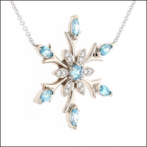 Blue Zircon Diamond Snowflake Necklace 14KW - JewelsmithNecklaces