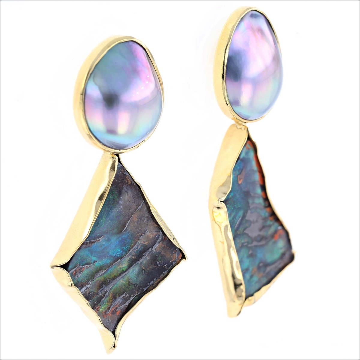 Boulder Opal Earrings with Mabe Pearl Removeable Tops 18KY 22KY - JewelsmithEarrings