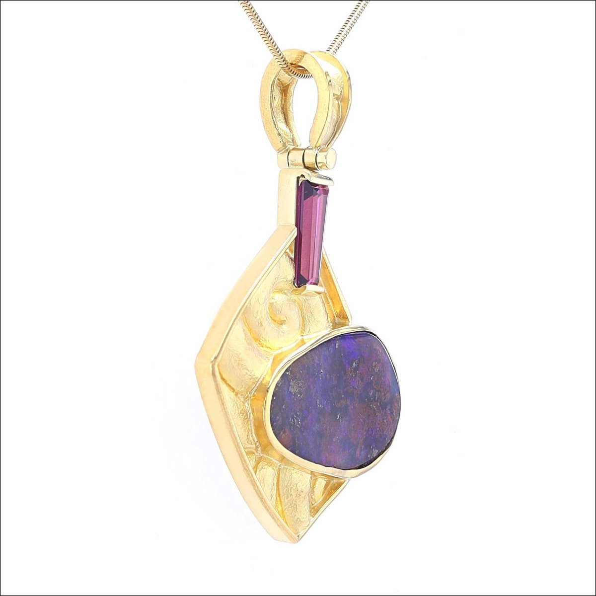 Boulder Opal Purple Garnet Repousse Swirl Pendant 22KY - JewelsmithPendants