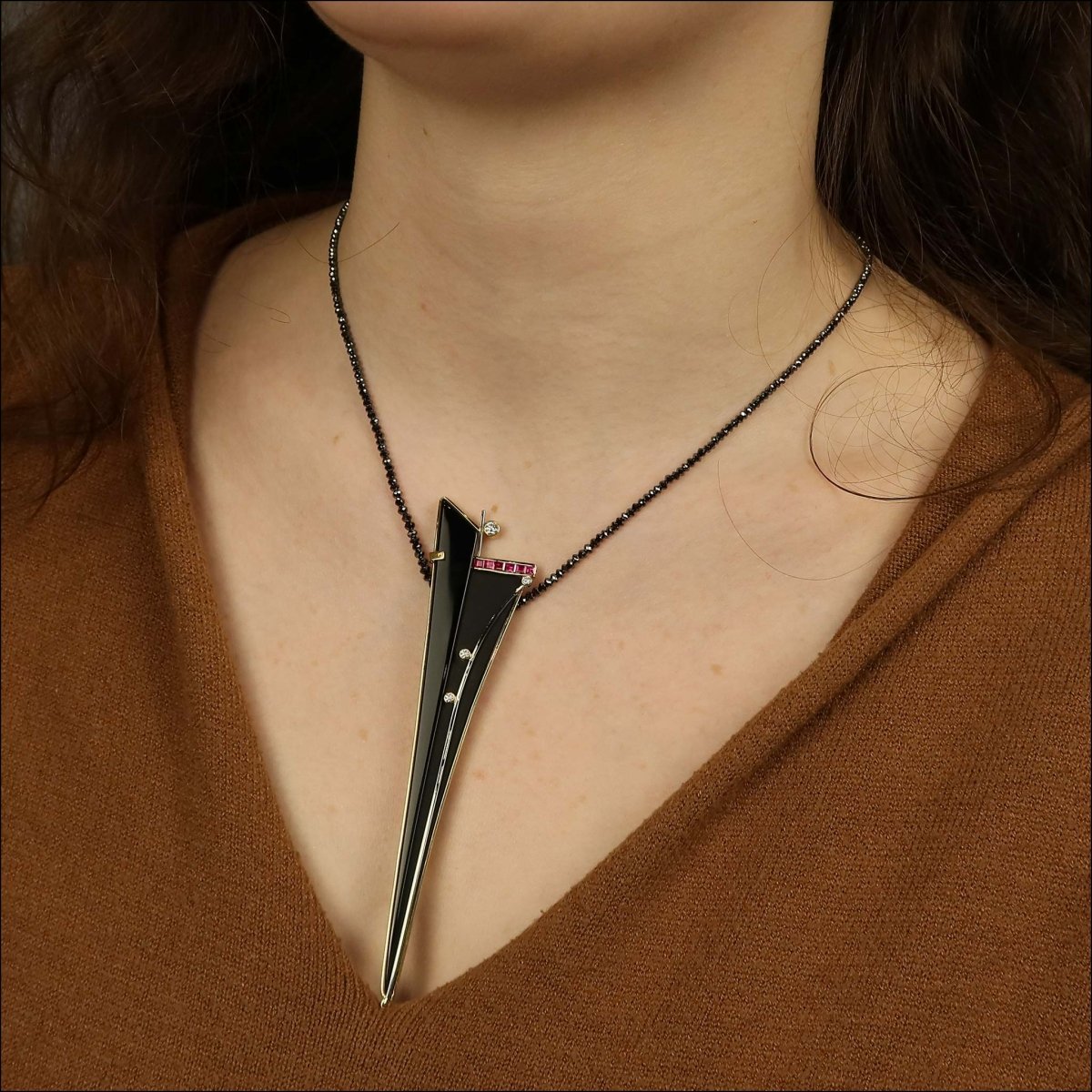 Carved Black Onyx Spear Ruby Diamond Brooch/Pendant 18KY 18KW (Consignment) - JewelsmithPendants