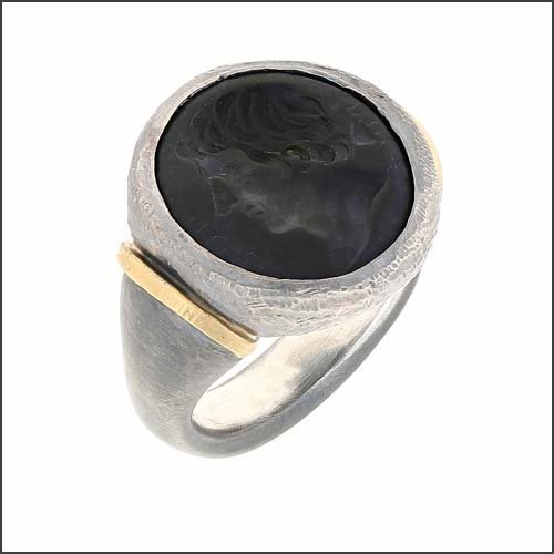 Carved Roman Glass Ring 18KY Sterling Silver - JewelsmithRings