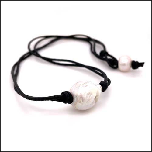 Chinese Freshwater Fireball White Pearl Black Leather Necklace 18" - JewelsmithNecklaces