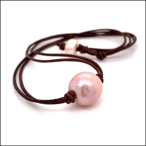 Chinese Freshwater Pink Pearl Brown Leather Necklace 18" - JewelsmithNecklaces