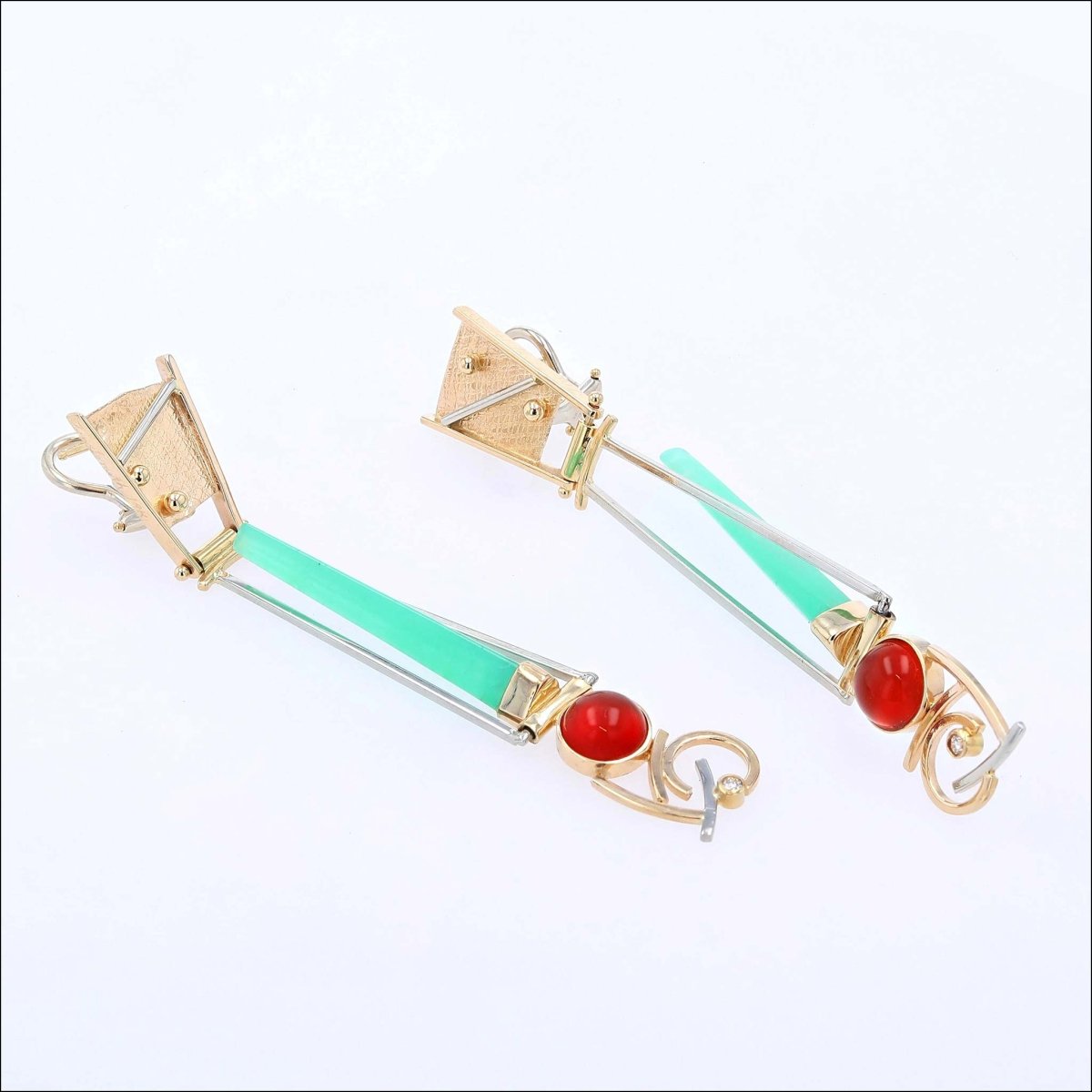 Chrysoprase Fire Opal Diamond Swing Earrings 18KW 18KY (Consignment) - JewelsmithEarrings