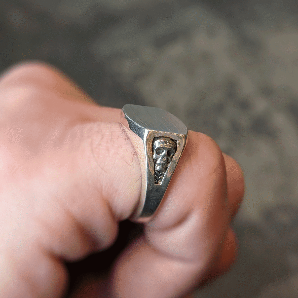 Curved Rectangle Signet Ring with Skull Sides Sterling Silver - JewelsmithRings