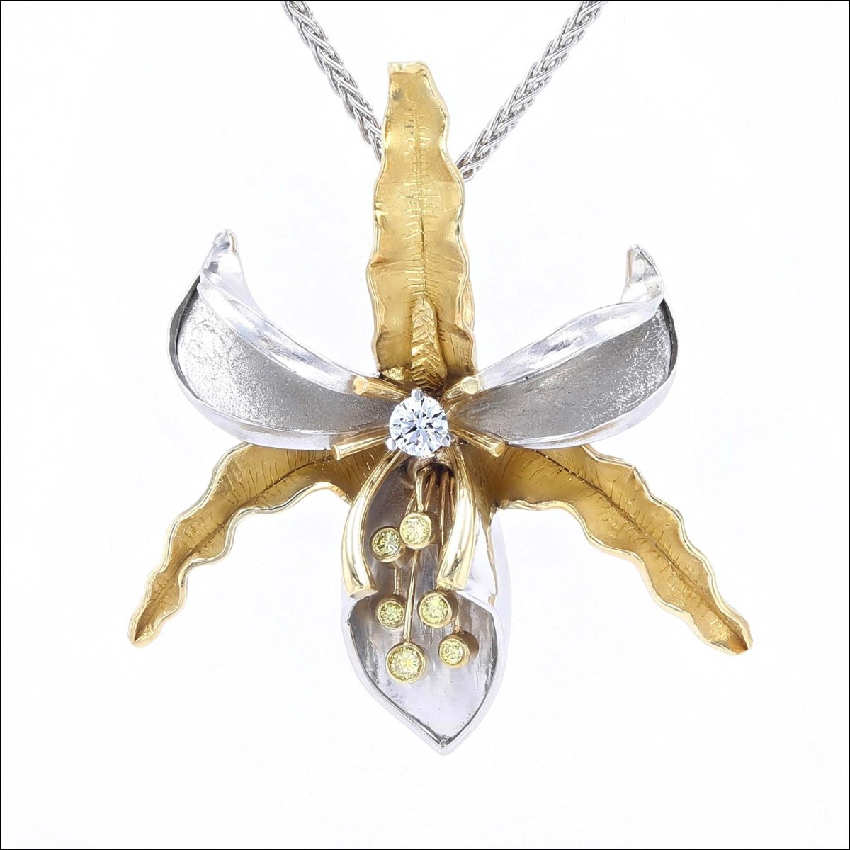 Diamond Orchid Pendant/Brooch 18KY Platinum (Consignment) - JewelsmithPendants