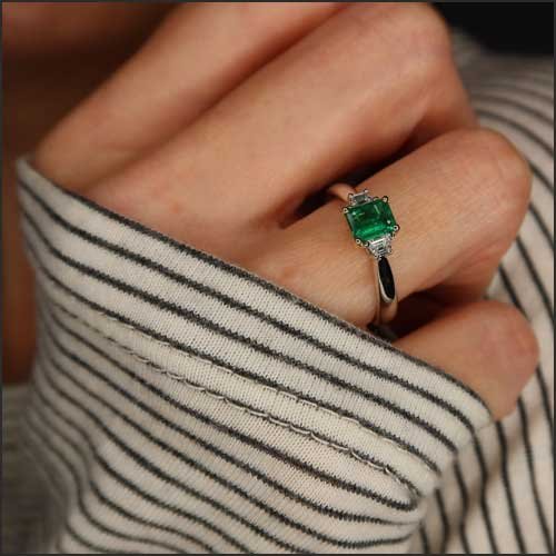 Emerald Cut Emerald Trapezoid Diamond Ring 14KW 14KY - JewelsmithRings