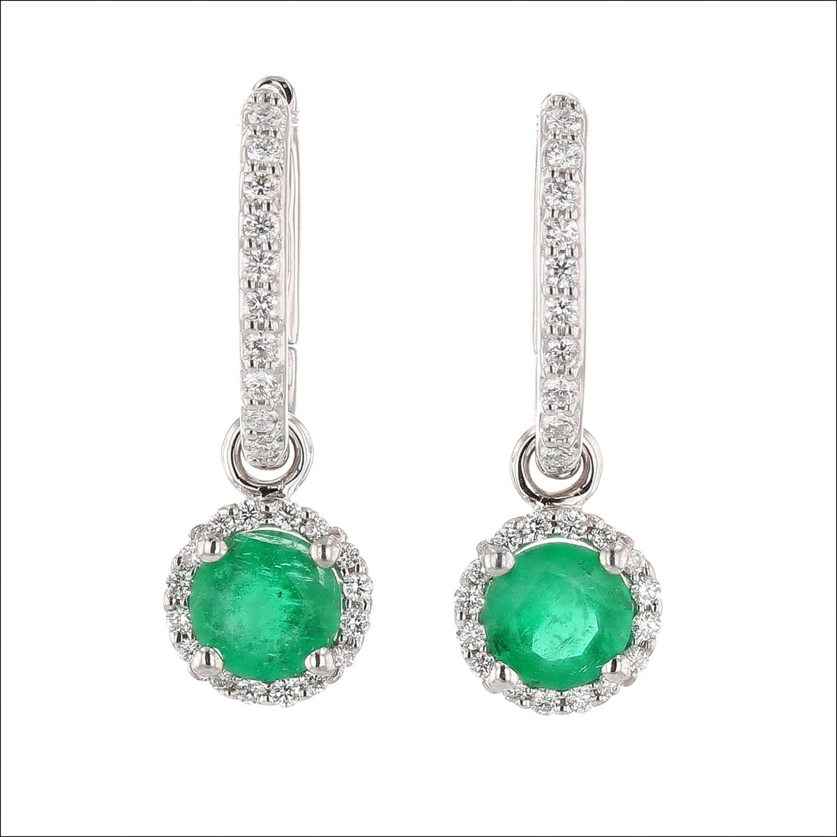 Emerald Diamond Halo Drops on Diamond Hoop Earrings 14KW - JewelsmithEarrings