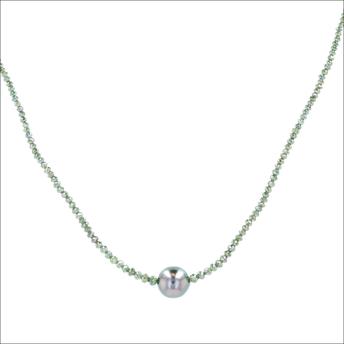Green Diamond Bead Strand with Tahitian Pearl 16" 14KW - JewelsmithNecklaces