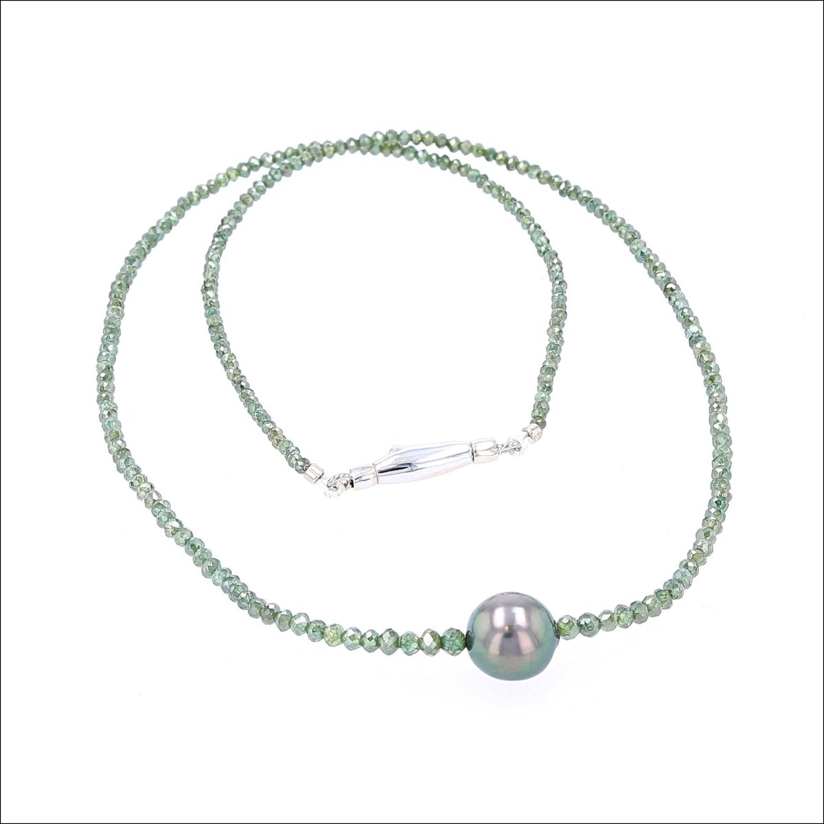 Green Diamond Bead Strand with Tahitian Pearl 16" 14KW - JewelsmithNecklaces