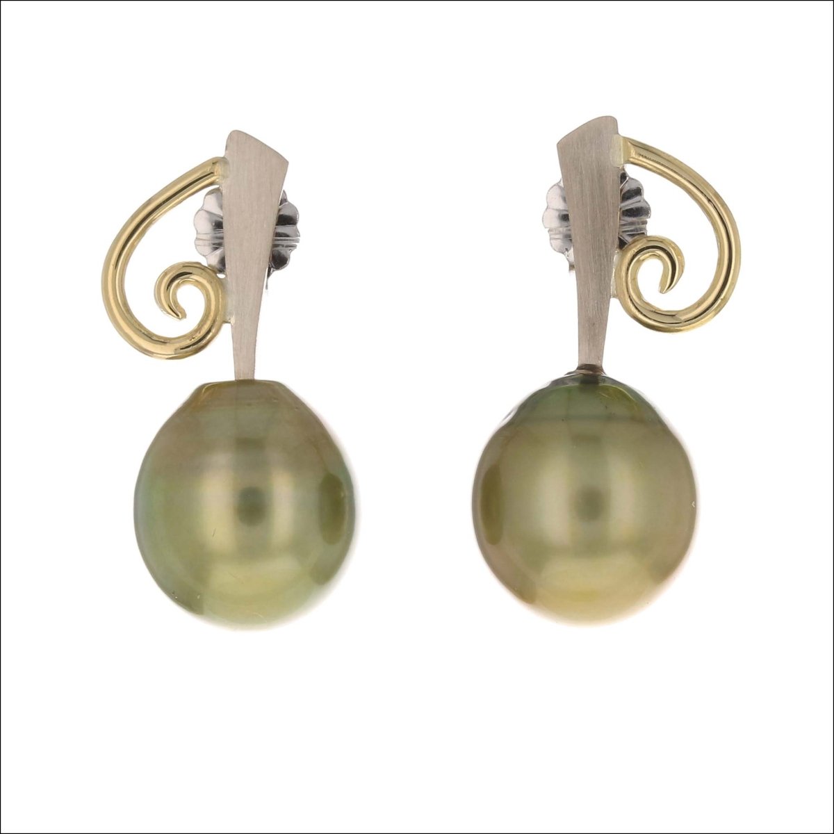 Green Tahitian Pearl Spiral Earrings 18KY 14KW (Consignment) - JewelsmithEarrings