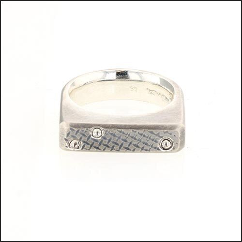 Hand Carved Crosshatch Rectangular Top Men's Band Sterling Silver - JewelsmithRings
