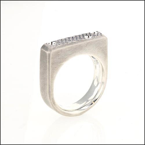 Hand Carved Crosshatch Rectangular Top Men's Band Sterling Silver - JewelsmithRings