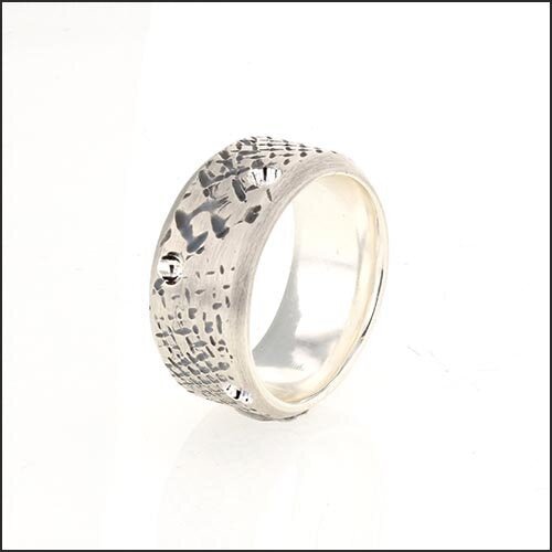 Hand Carved Crosshatch Wide Men's Band Sterling Silver - JewelsmithRings