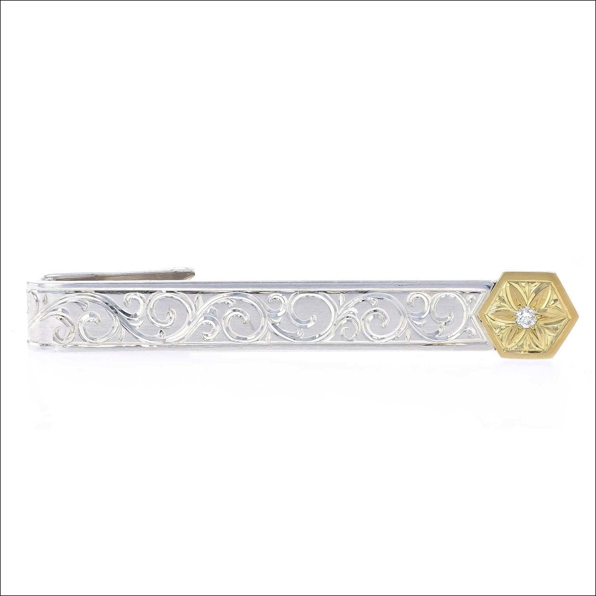 Hand Engraved Diamond Tie Clip Sterling Silver 18KY - JewelsmithTie Clip