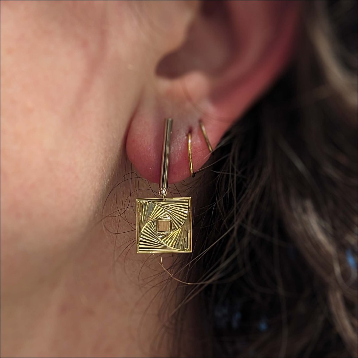 Hand Engraved Square Vortex Earrings 18KY 14KW Entry #1 - JewelsmithEarrings