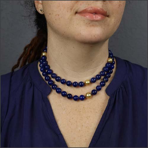 Lapis Bead Golden Pearl Strand Necklace 18KY - JewelsmithNecklaces