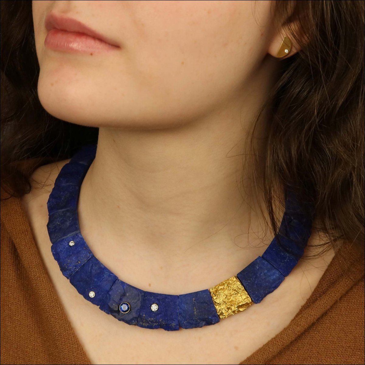 Lapis Lazuli Bead Sapphire Diamond Collar Necklace 22KY (Consignment) - JewelsmithNecklaces