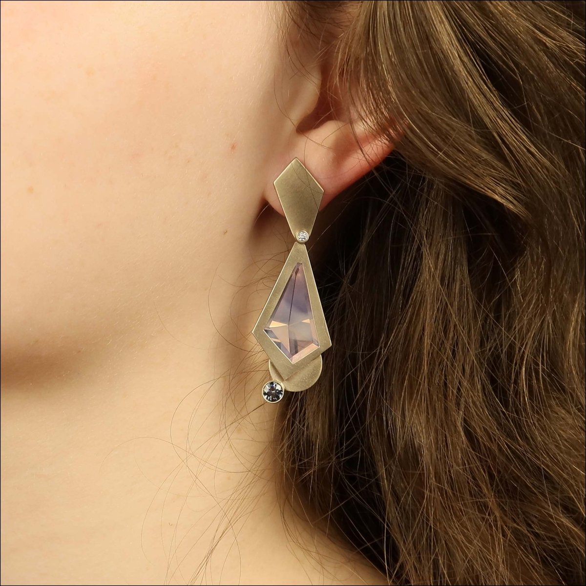 Lavender Quartz Gray Spinel Diamond Earrings 14KW - JewelsmithEarrings