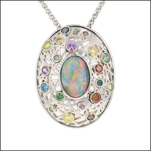 Opal Multi-Colored Sapphire Diamond Pendant Platinum - JewelsmithPendants