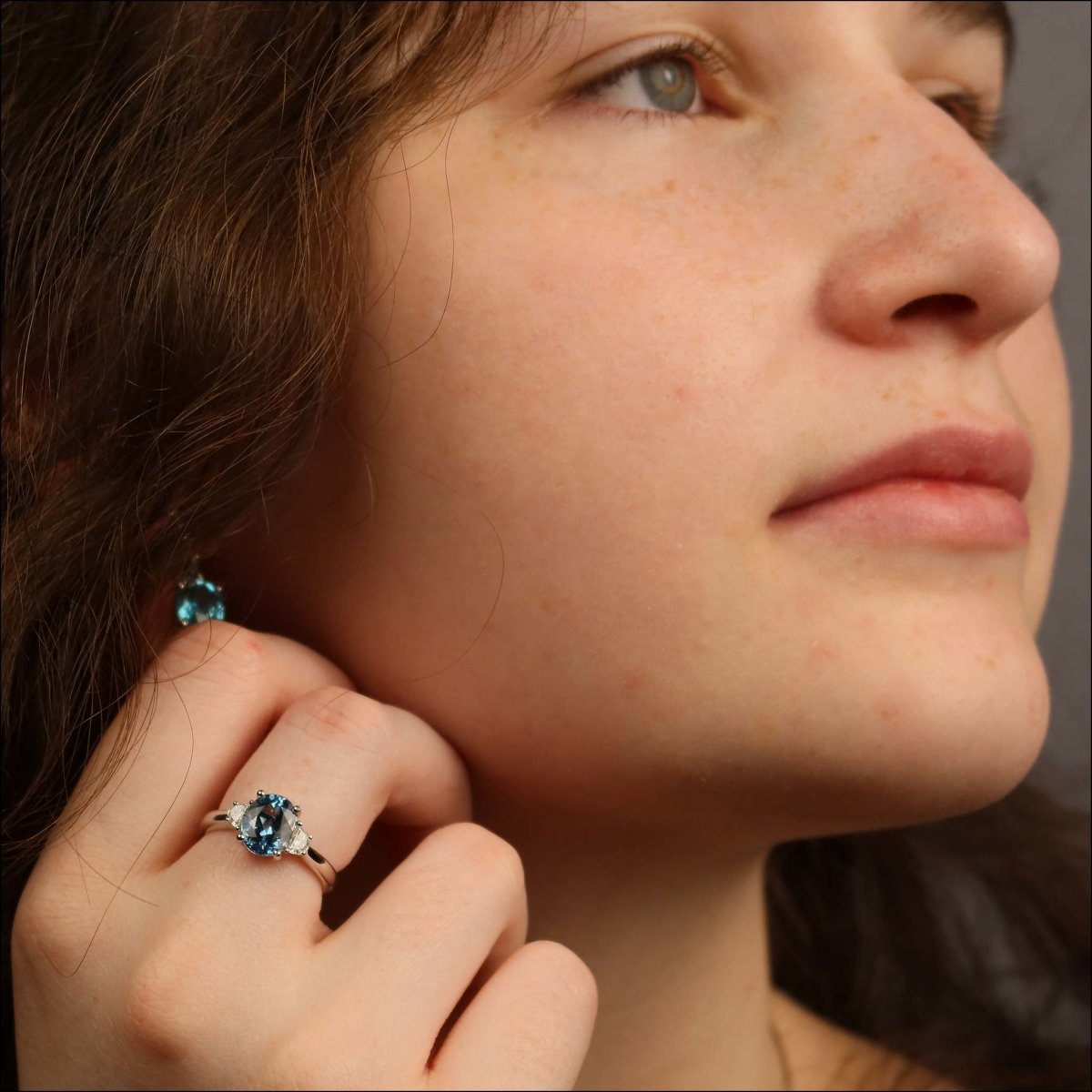 Oval Aquamarine Half Moon Diamond Ring 14KW - JewelsmithRings