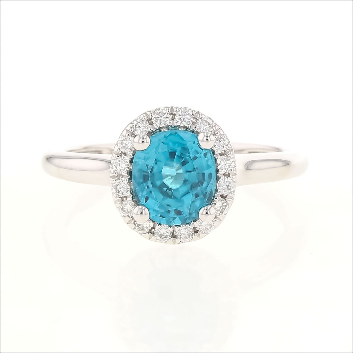 Oval Blue Zircon Diamond Halo Ring 14KW - JewelsmithRings