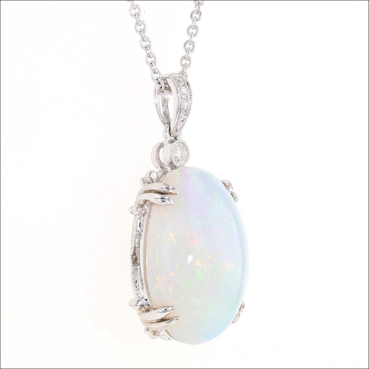 Oval Ethiopian Opal Diamond Pendant 14K White - JewelsmithPendants