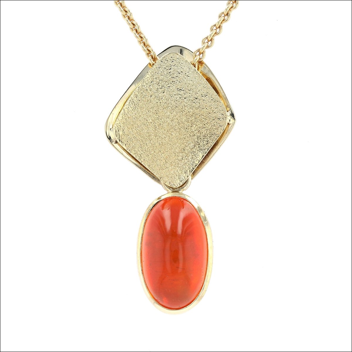 Oval Mexican Fire Opal Textured Square Pendant 18KY - JewelsmithPendants