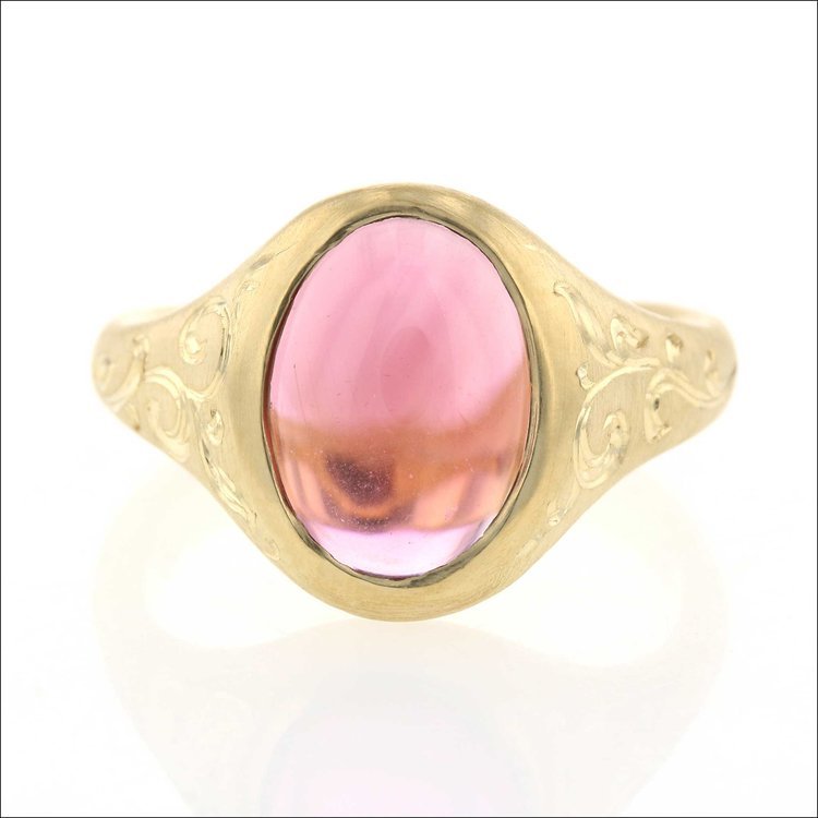 Oval Pink Tourmaline Cab Ring 18KY - JewelsmithRings