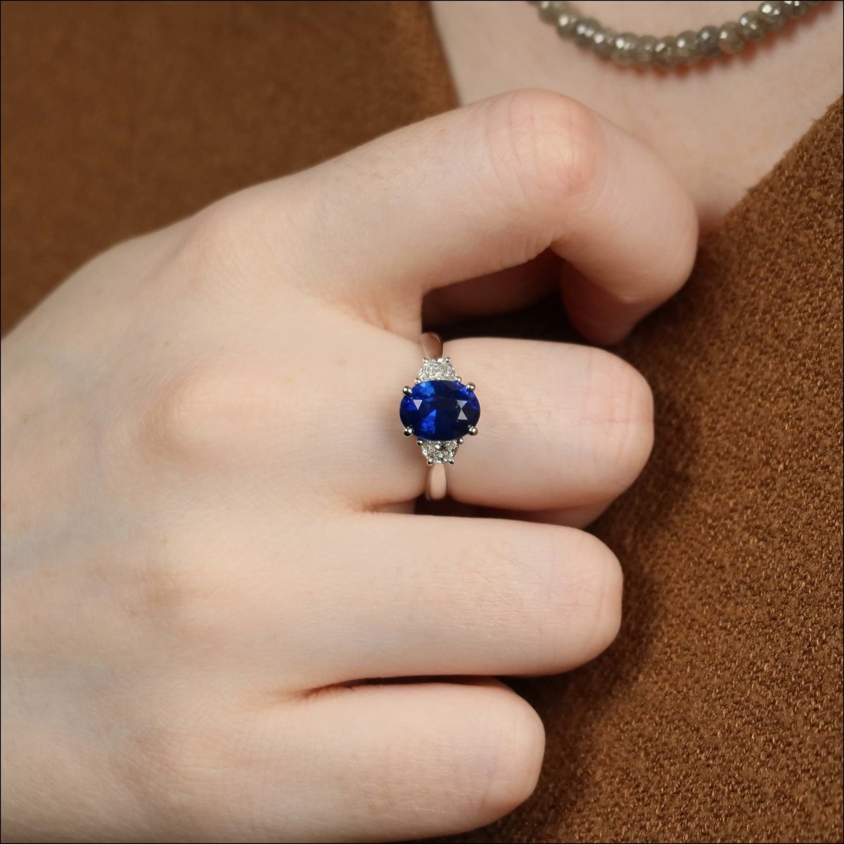 Oval Sapphire Half Moon Diamond Ring 14KW - JewelsmithRings