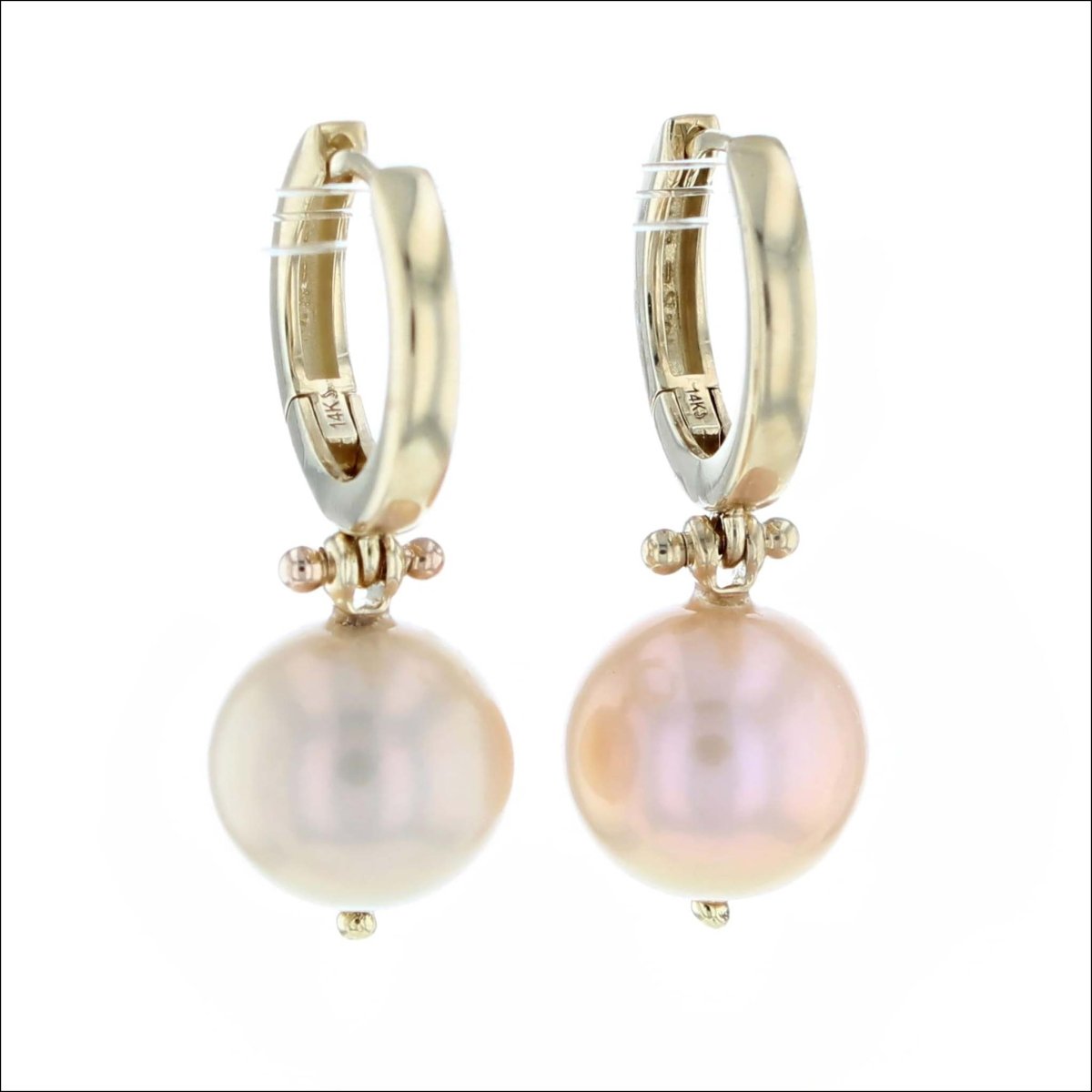 Peach Freshwater Pearl Huggie Hoop Earrings 14KY - JewelsmithEarrings