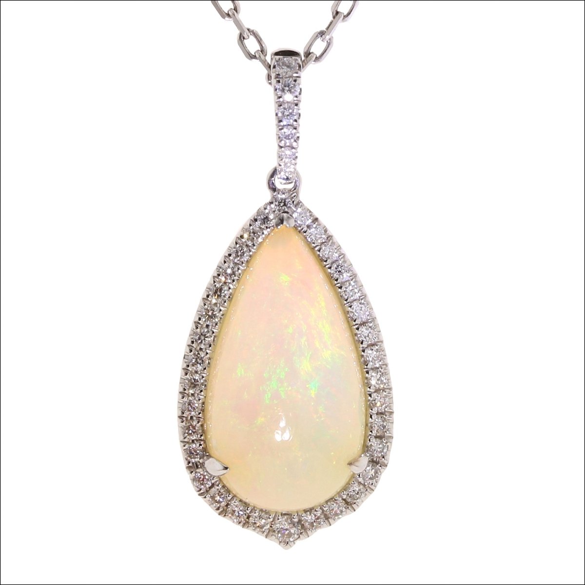 Pear Shaped Ethiopian Opal Diamond Halo Pendant 14KW - JewelsmithPendants