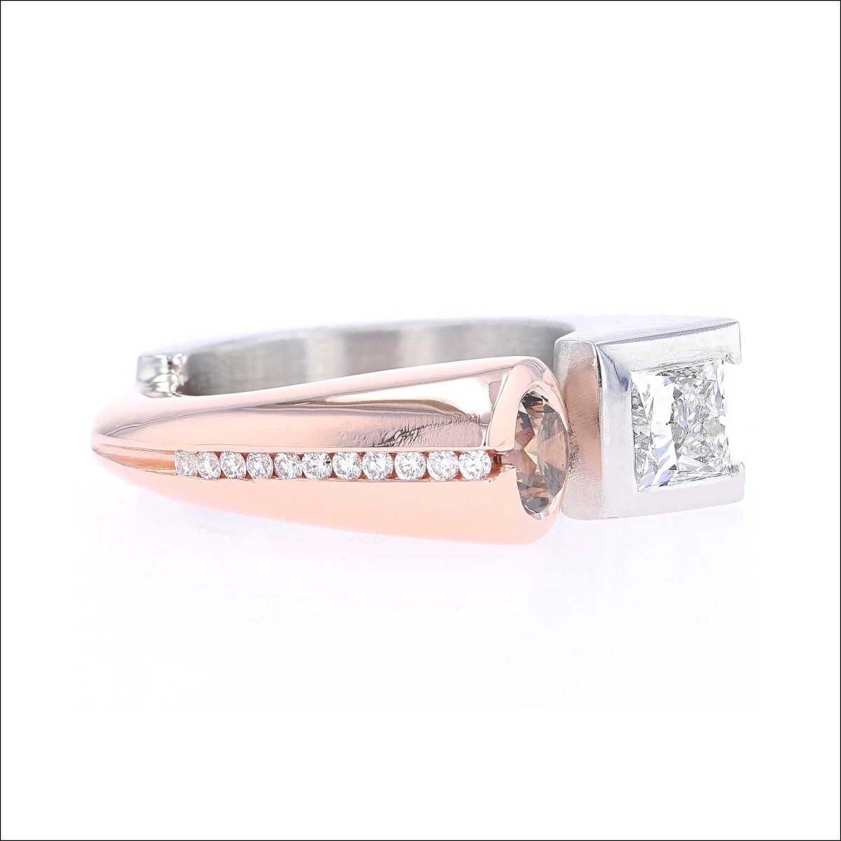 Princess Cut Diamond Cognac Diamond Kissing Ring 14K Rose Platinum - JewelsmithRings