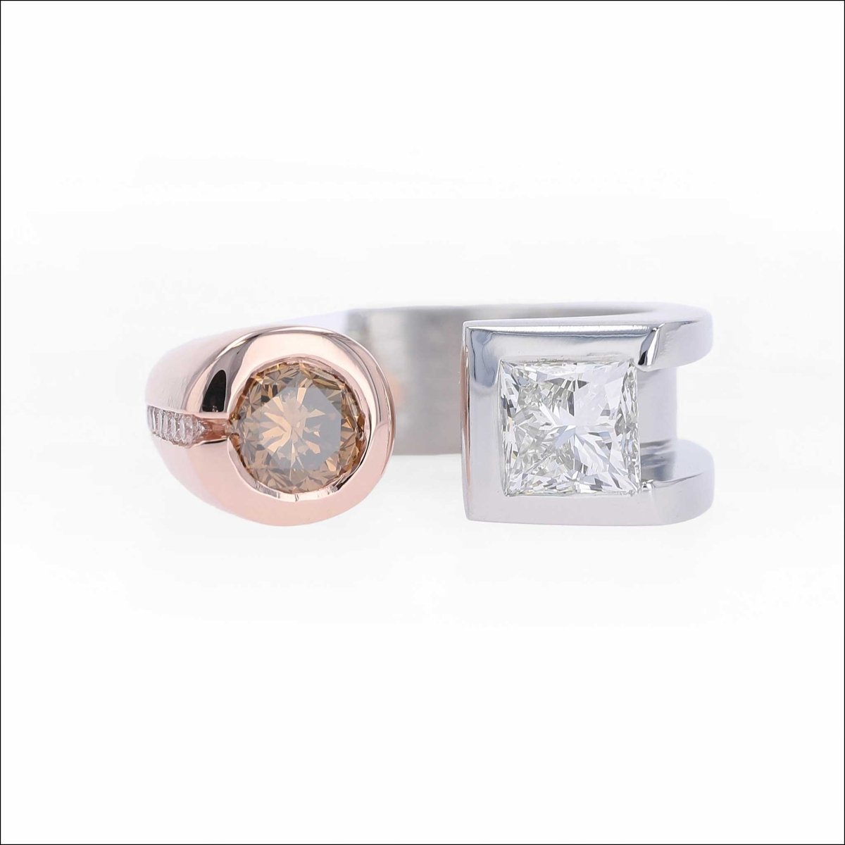 Princess Cut Diamond Cognac Diamond Kissing Ring 14K Rose Platinum - JewelsmithRings