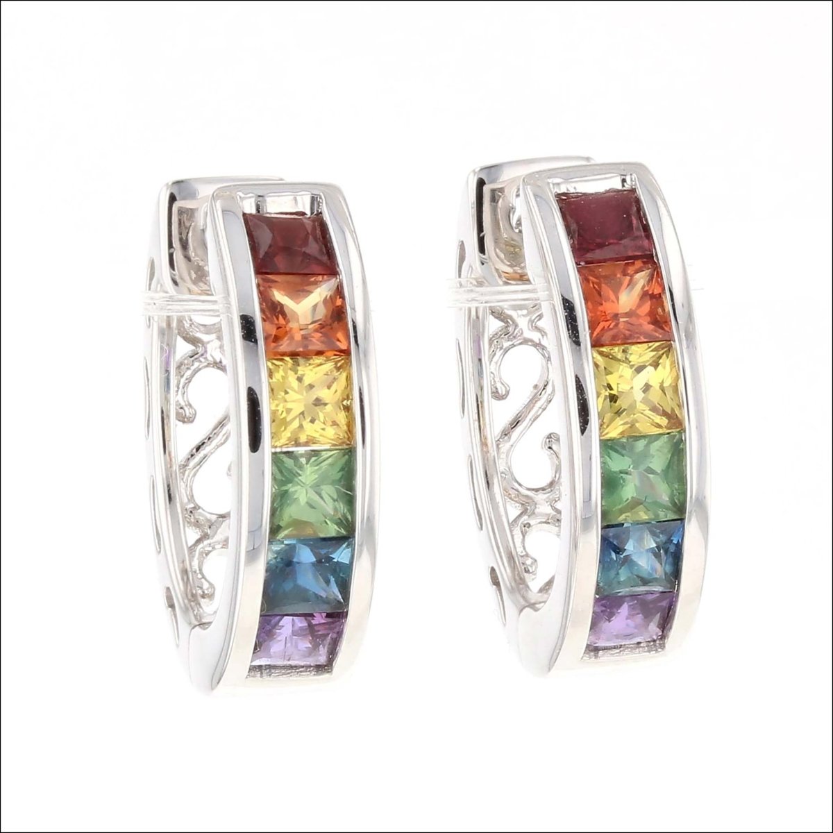Rainbow Sapphire Princess Cut Huggie Hoop Earrings 14KW - JewelsmithEarrings