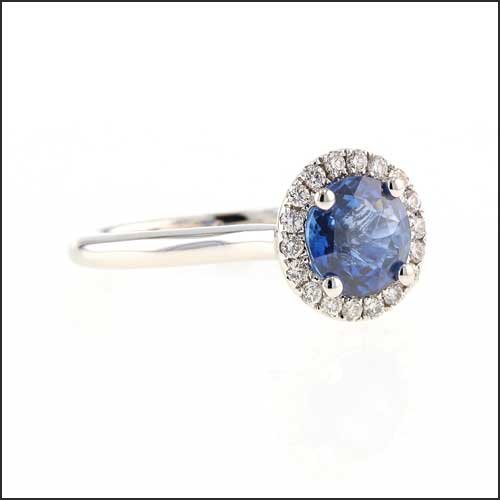 Round Sapphire Diamond Halo Ring 14KW - JewelsmithRings