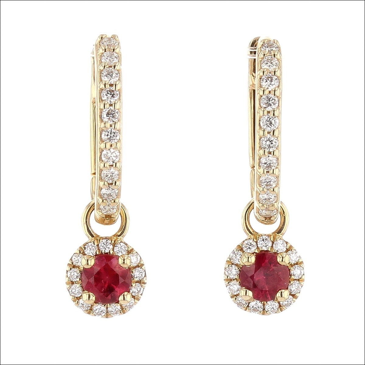Ruby Diamond Halo Drops on Diamond Hoop Earrings 14KY - JewelsmithEarrings