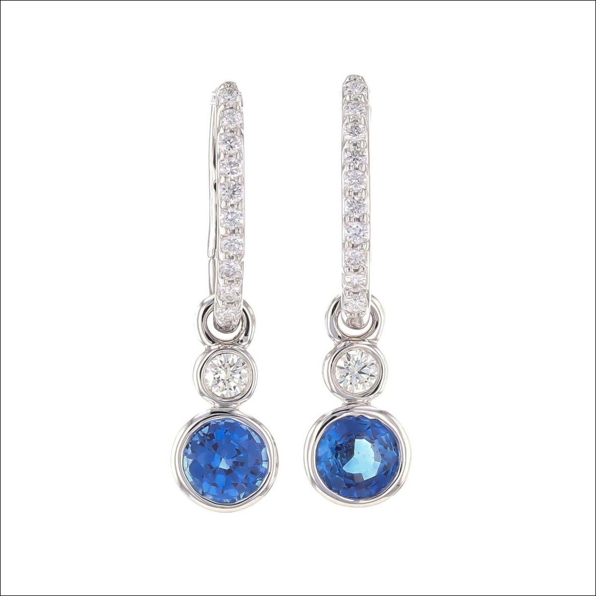 Sapphire Diamond Bezel Dangle on Huggie Diamond Hoop Earrings 18KW - JewelsmithEarrings