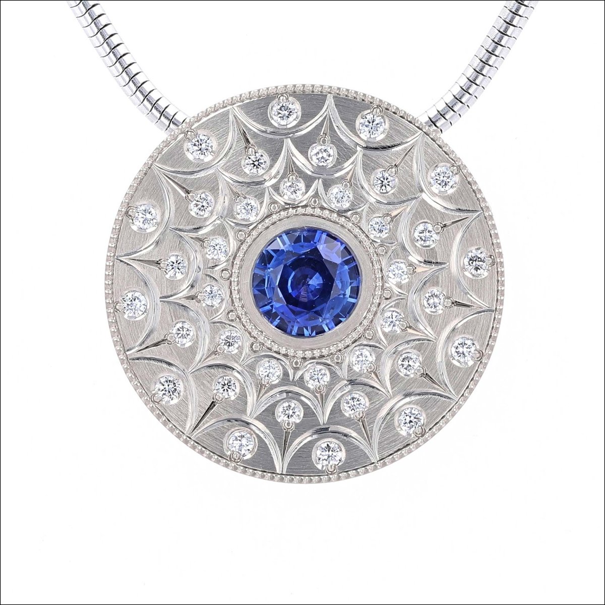 Sapphire Diamond Hand Engraved Dandelion Pattern Pendant 14KW - JewelsmithPendants