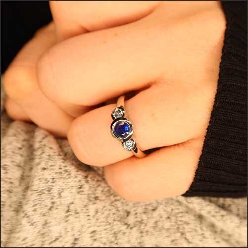 Sapphire Diamond Three Stone Bezel Engagement Ring 14KW - JewelsmithEngagement Rings
