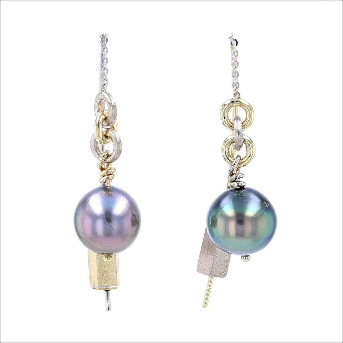 Tahitian Pearl Two Tone Threader Earrings 14KW 18KY - JewelsmithEarrings