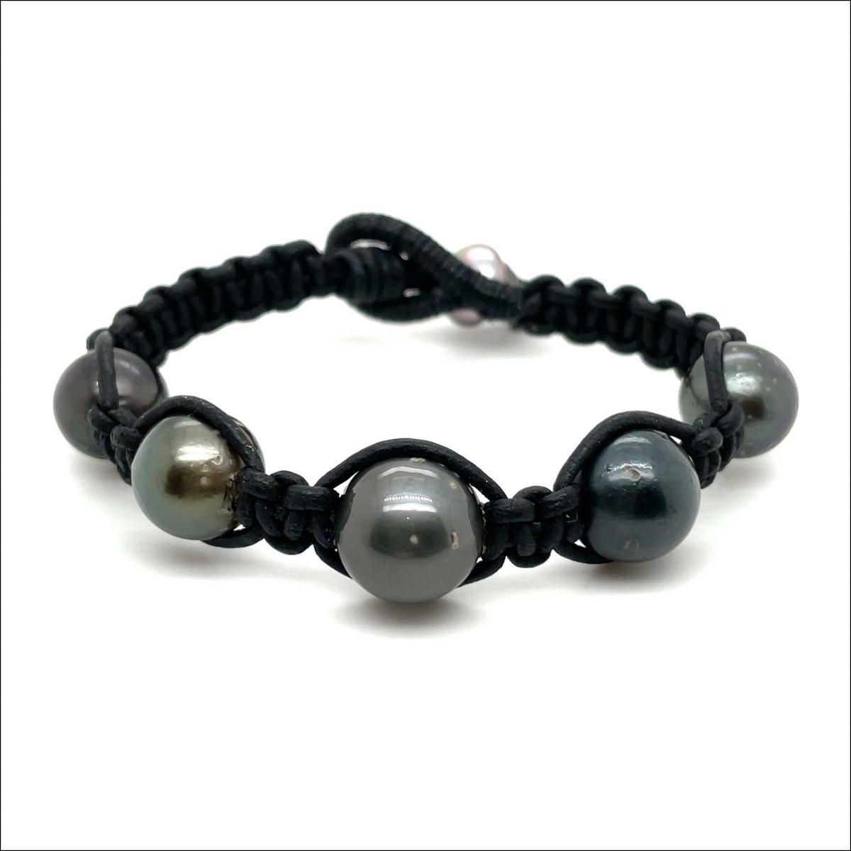 Tahitian Pearl Woven Black Leather Bracelet 7.5" - JewelsmithBracelets