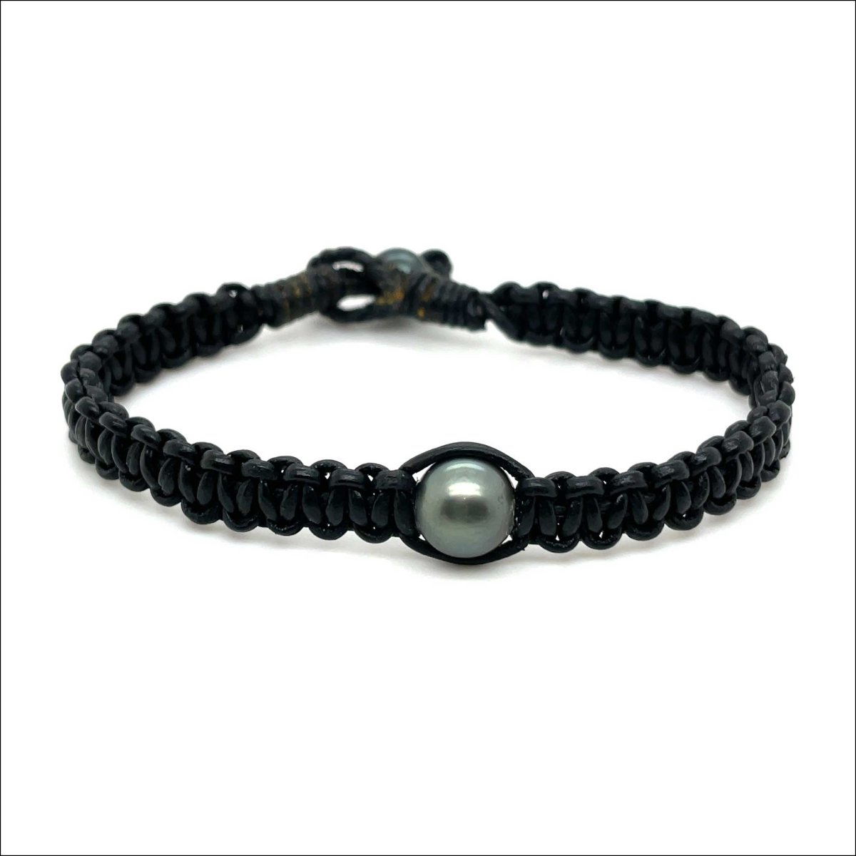 Tahitian Pearl Woven Black Leather Bracelet 8" - JewelsmithBracelets