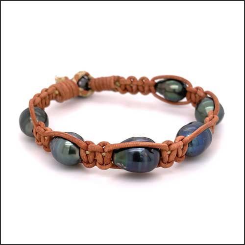 Tahitian Pearl Woven Brown Leather Bracelet 8" - JewelsmithBracelets