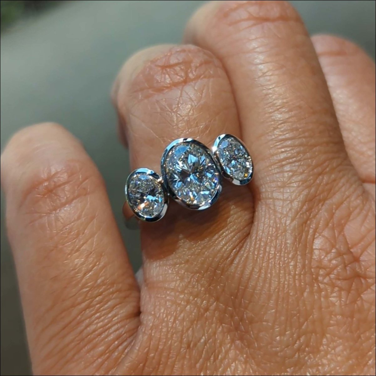 Three Stone Oval Diamond Floating Bezel Engagement Ring Platinum 3.41cttw - JewelsmithEngagement Rings